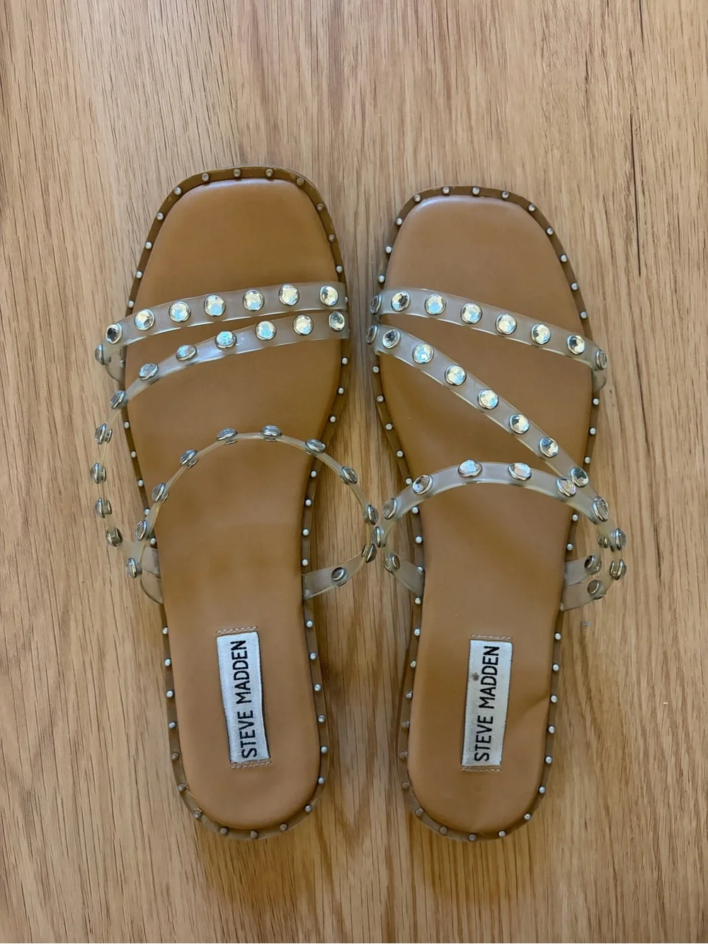Steve Madden Clear-Strap Slide Sandals with Tan Footbed